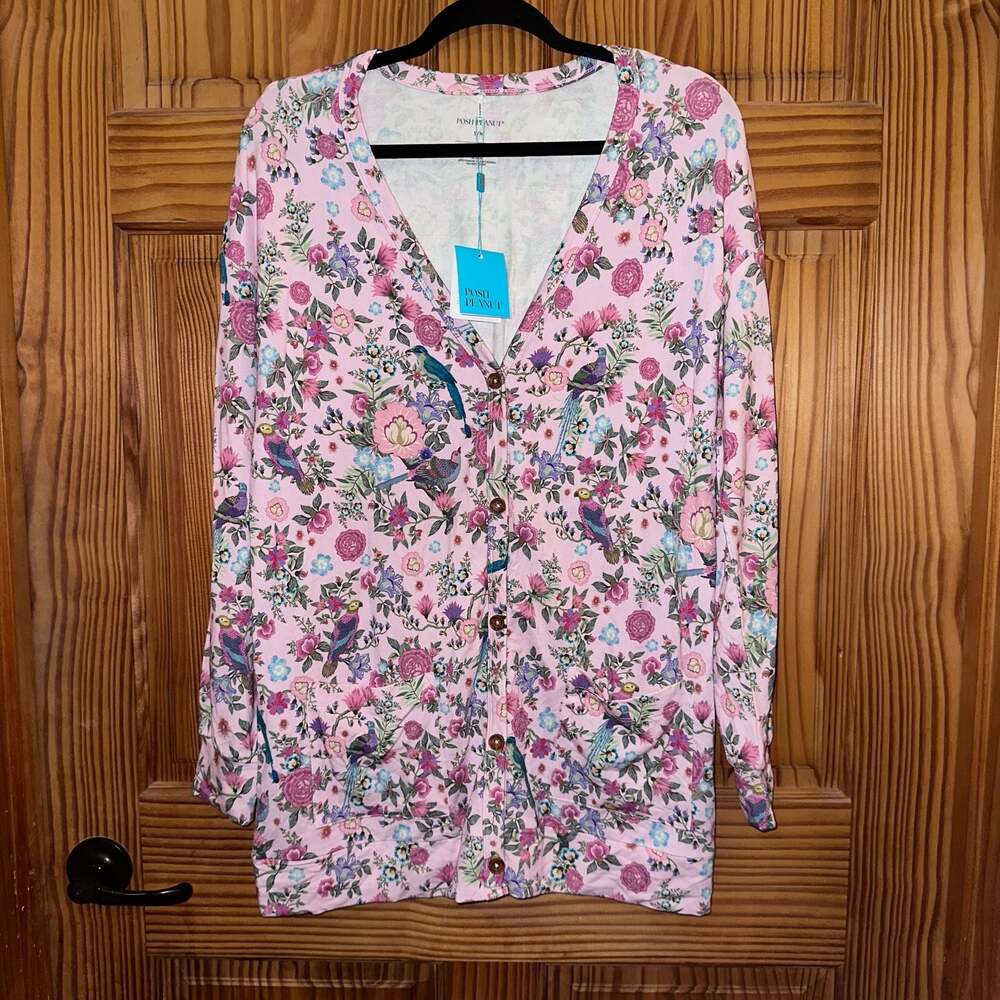 Posh Peanut Women's Christine Floral and Bird Print Cardigan Bamboo Pink S/M